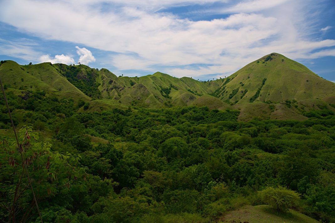 Pemandangan pegunungan dan savana di sekitar Gunung Ebulobo, Ngada, Flores.