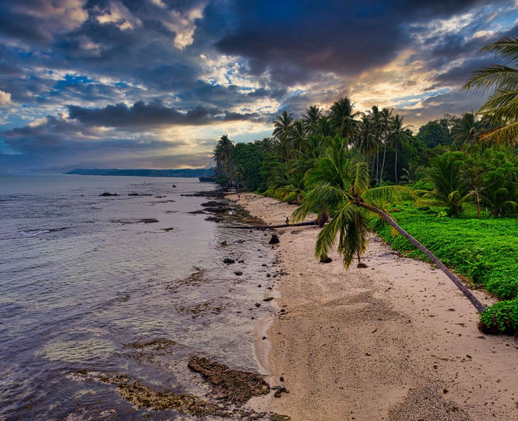 Hamparan pasir putih Pantai Oeseli di Rote Ndao dengan air laut tenang dan pepohonan kelapa di tepi pantai